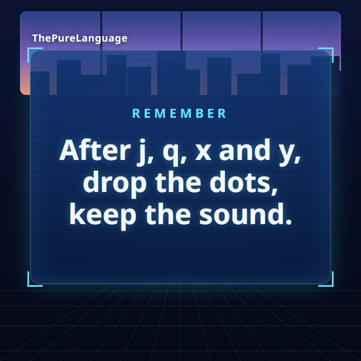 Lesson video: Pinyin ü drops its dots after j, q, x and y. After j, q, x and y, drop the dots, keep the sound.