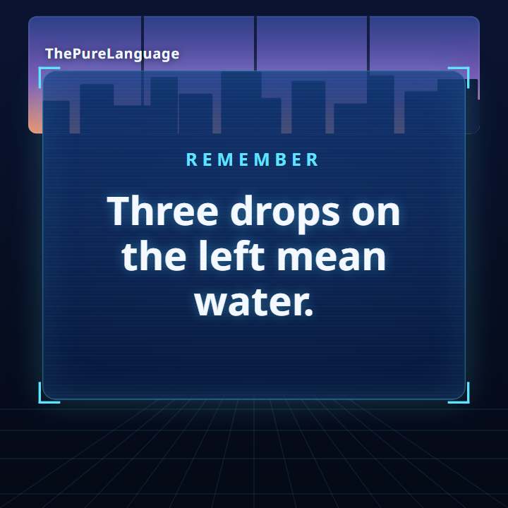 Lesson video: The water radical 氵: 河, 海 and 湖. Three drops on the left mean water.
