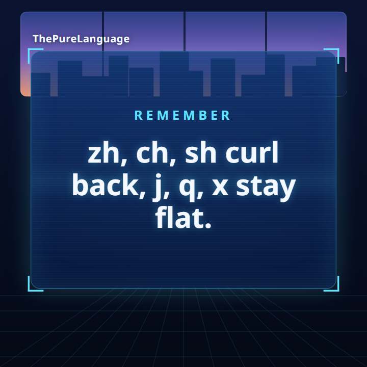 Lesson video: zh vs j, ch vs q, sh vs x: where the tongue goes. zh, ch, sh curl back, j, q, x stay flat.