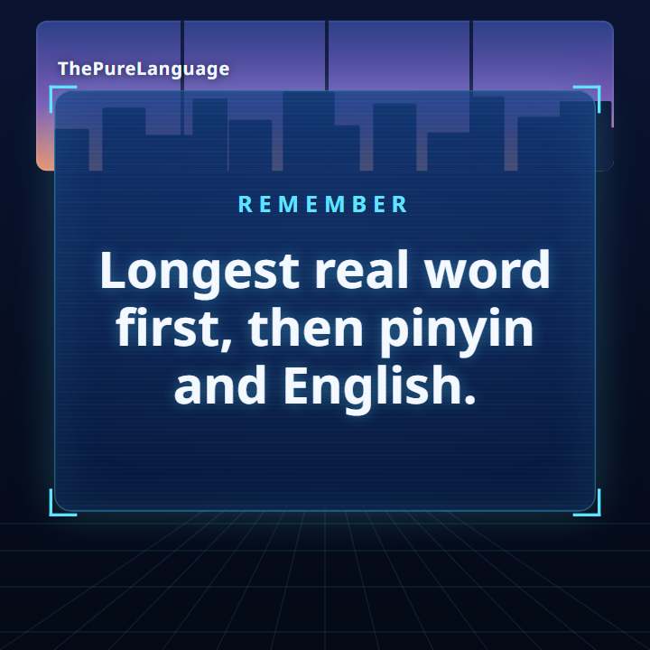 Lesson video: How the annotator finds words in Chinese with no spaces. Longest real word first, then pinyin and English.